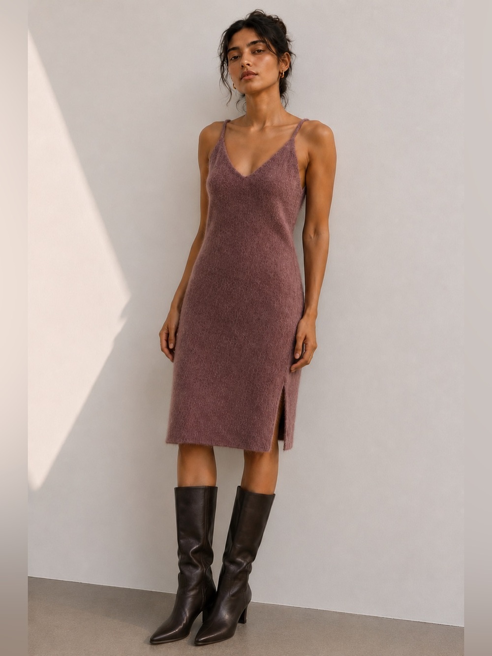The Layra Korea Fuzzy Knit Slip Dress Brown Angora Blend Midi Side Slit Approx S